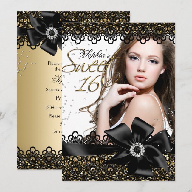 Gold & Black Glitzer Spitzen Foto Sweet 16 Einladu Einladung (Vorne/Hinten)