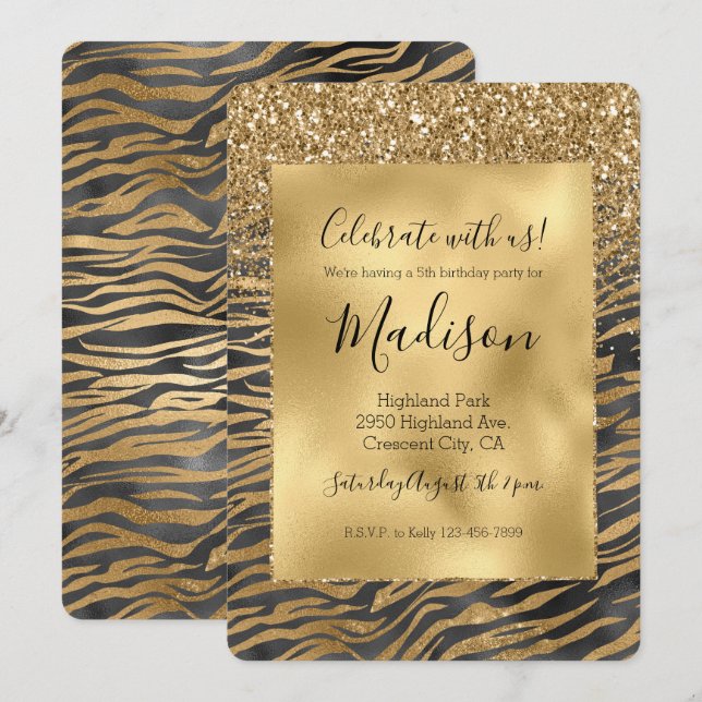 Gold Black Glitzy Glitzer Sparkle Zebra Print Einladung (Vorne/Hinten)