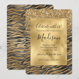 Gold Black Glitzy Glitzer Sparkle Zebra Print Einladung
