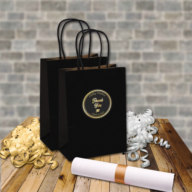 Gold | Black Grad Cap Klasse von 2023 Vielen Dank Runder Aufkleber (Von Creator hochgeladen)