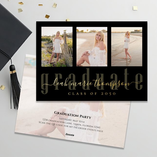 Gold Black Graduate Calligrafy Foto Collage Folieneinladung (Black and gold foil graduation photo invitation announcement. )