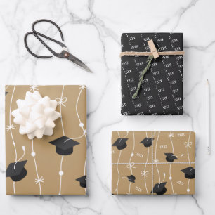 Gold & Black Graduation Cap Toss Wrapping Paper Geschenkpapier Set