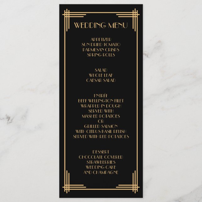 Gold Black Great Gatsby Art Deco Hochzeitsmenü Menükarte (Vorderseite)
