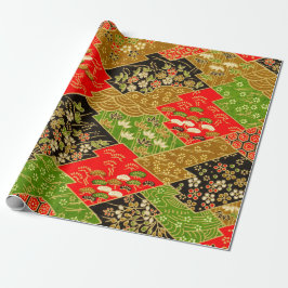Gold Black Green Kimono Floral Decoupage Geschenkpapier