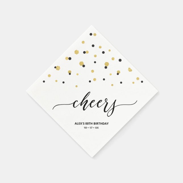Gold Black Hexagon Confetti Cheers Custom Party Serviette (Ecke)