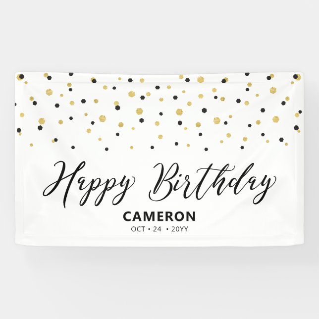 Gold Black Hexagon Confetti Custom Happy Birthday Banner (Horizontal)