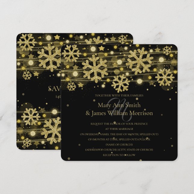 Gold & Black Holiday Wedding retten das Datum Einladung (Vorne/Hinten)