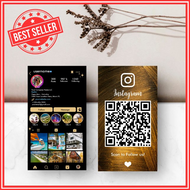 Gold & Black Instagram LUXURY Metal QR Code Visitenkarte (Von Creator hochgeladen)