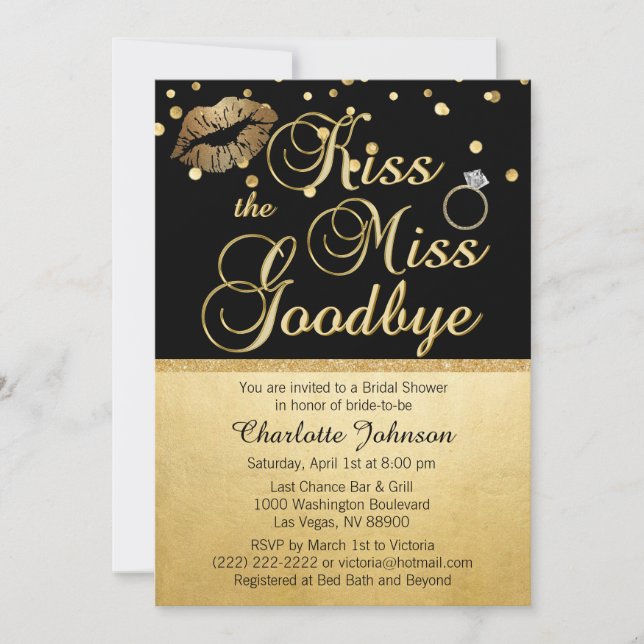 Gold Black Kiss - Miss Goodbye Brautparty Einladung (Vorderseite)