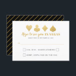 Gold Black Las Vegas Wedding Sign Funny Wording RSVP Karte<br><div class="desc">Eine elegante, goldfarbene und schwarze Las Vegas Wedding-Antwortkarte mit lustigen Kartenworten für die uAwg und ein Imitat Gold mit Kartensymbolen für Karo-Clubs, Pik-Clubs und Herzen auf der anderen Seite. Das typografische Design koordiniert mit unserer kompletten Casino- und Vegas Stripsuite, die im Paper Traube Destinations Zazzle Designer Store erhältlich ist. Die...</div>