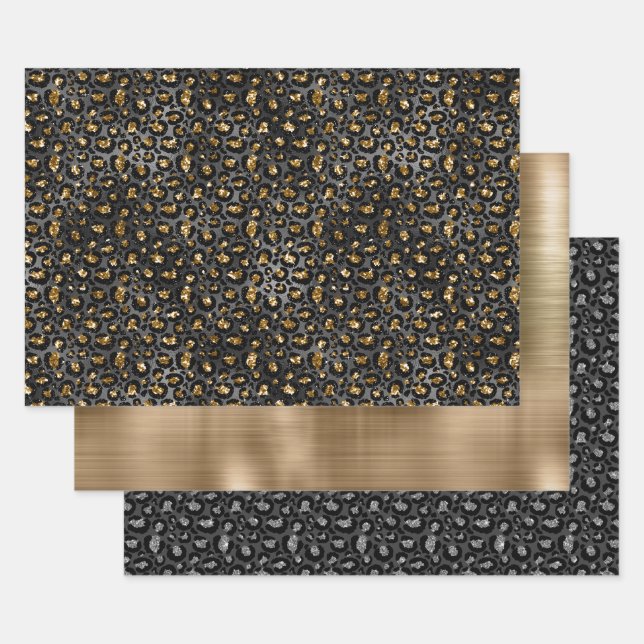 Gold Black Leopard Glitzer Geschenkpapier Set (Set)