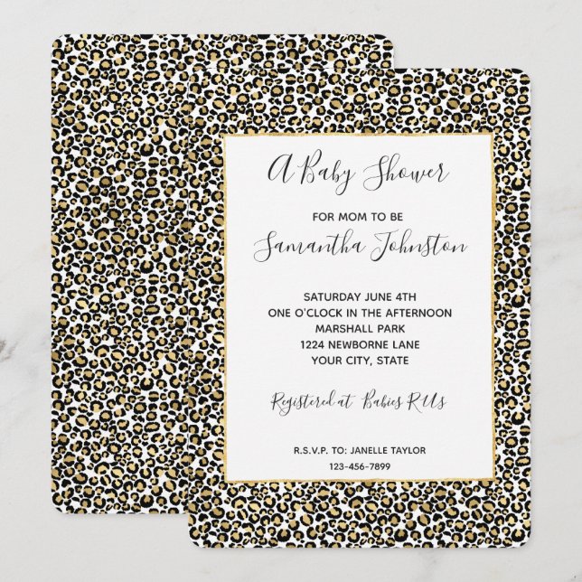 Gold Black Leopard Print Baby Dusche Einladung (Vorne/Hinten)