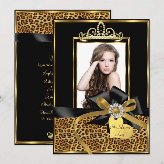 Gold Black Leopard Print & Bow Foto Quinceanera Einladung (Vorne/Hinten)