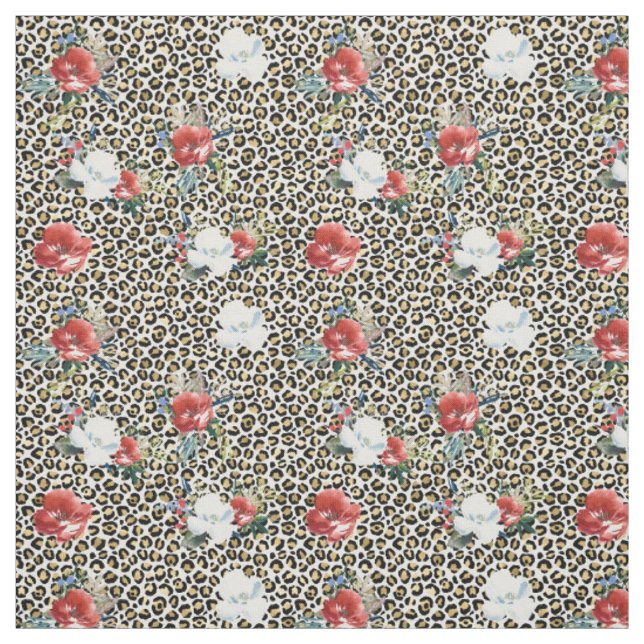 Gold Black Leopard Print Red White Blume Stoff (Muster)