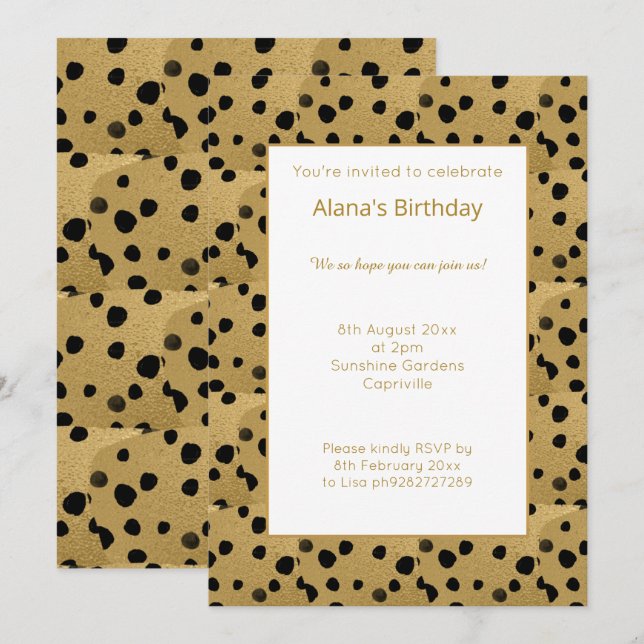 GOLD BLACK LEOPARD TIERDRUCK GEBURTSTAG EINLADUNG (Vorne/Hinten)