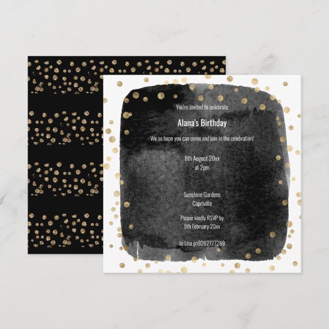 GOLD BLACK LEOPARD TIERE DIAMOND SQUARE GEBURTSTAG EINLADUNG (Vorne/Hinten)