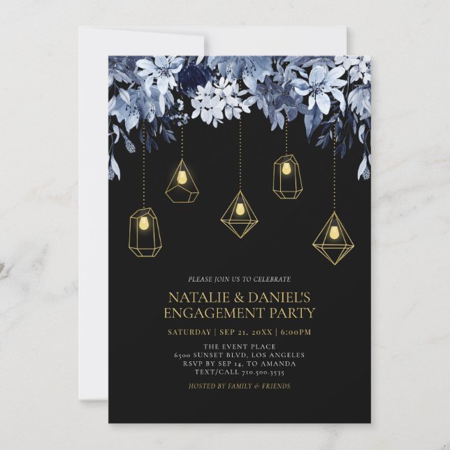 Gold & Black Lights & Floral Engagement Party Inva Einladung (Vorderseite)