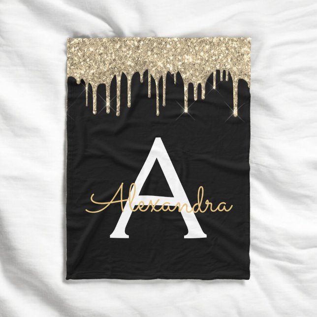 Gold Black Luxe Glitzer Glam Monogram Name Fleecedecke (Von Creator hochgeladen)