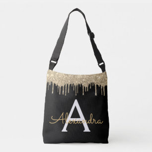 Gold Black Luxe Glitzer Glam Monogram Name Tragetaschen Mit Langen Trägern