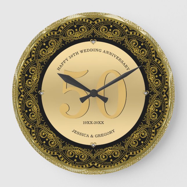 Gold & Black mandala 50 Wedding Anniversary Große Wanduhr (Vorderseite)