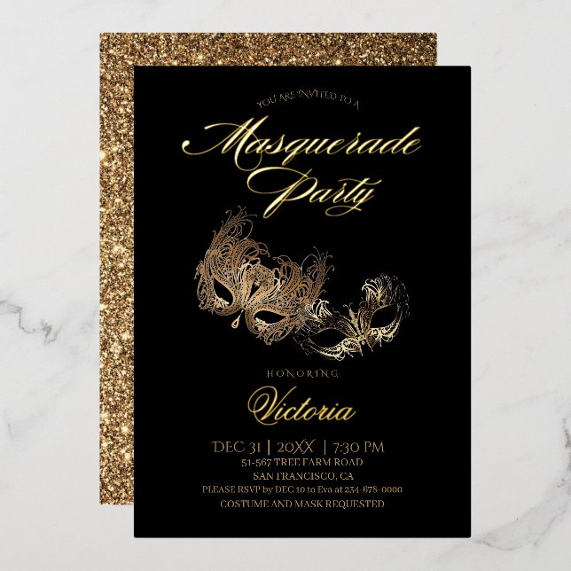 Gold Black Masquerade Party Folieneinladung (Vorderseite/Rückseite)