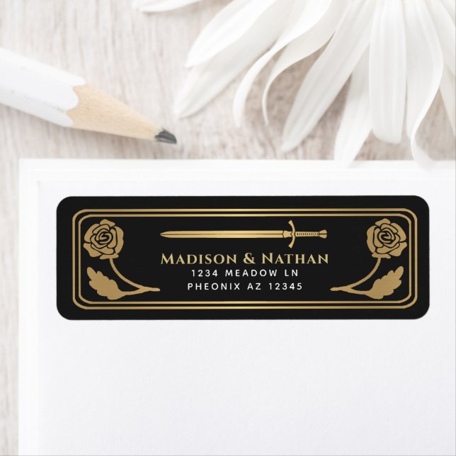 Gold Black Medieval Fantasy Sword Wedding Label (Insitu)