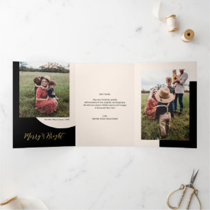 Gold & Black   Merry & Bright Christmas Photo Dreifach Gefaltete Urlaubskarte