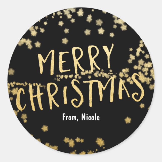 Gold & Black MERRY CHRISTMAS Stars Holiday Sticker (Vorderseite)