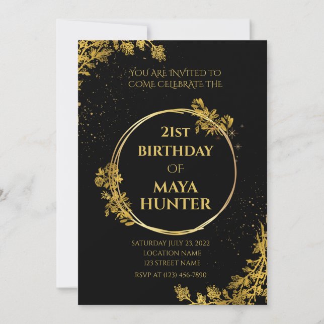 Gold Black Metallic Shiny 21. Geburtstag Einladung (Vorderseite)
