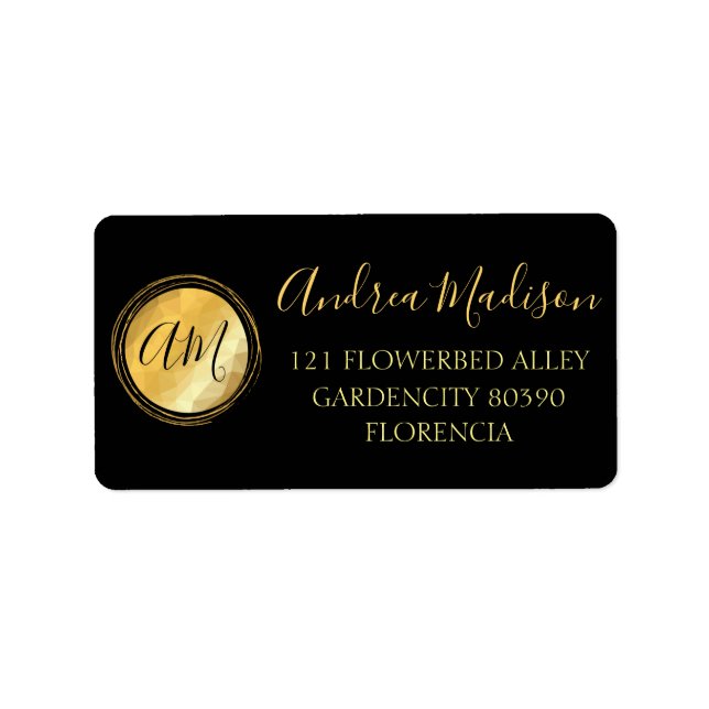 Gold Black Minimal Metallic Monogramm Adressaufkleber (Vorne)