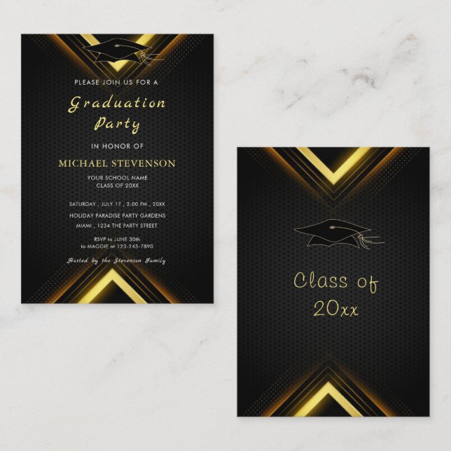 Gold Black Modern Abschluss Einladungskarte (Vorne/Hinten)