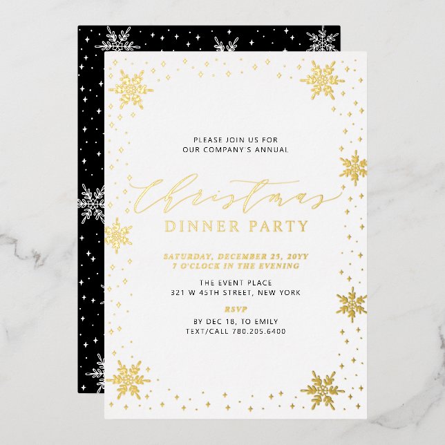 Gold & Black Modern Christmas Holiday Dinner Party Folieneinladung (Vorderseite/Rückseite)