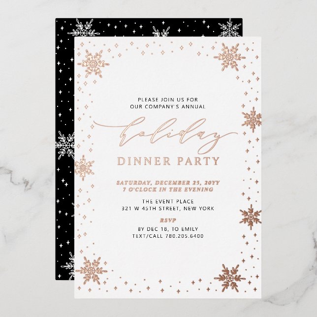 Gold & Black Modern Christmas Holiday Dinner Party Folieneinladung (Vorderseite/Rückseite)