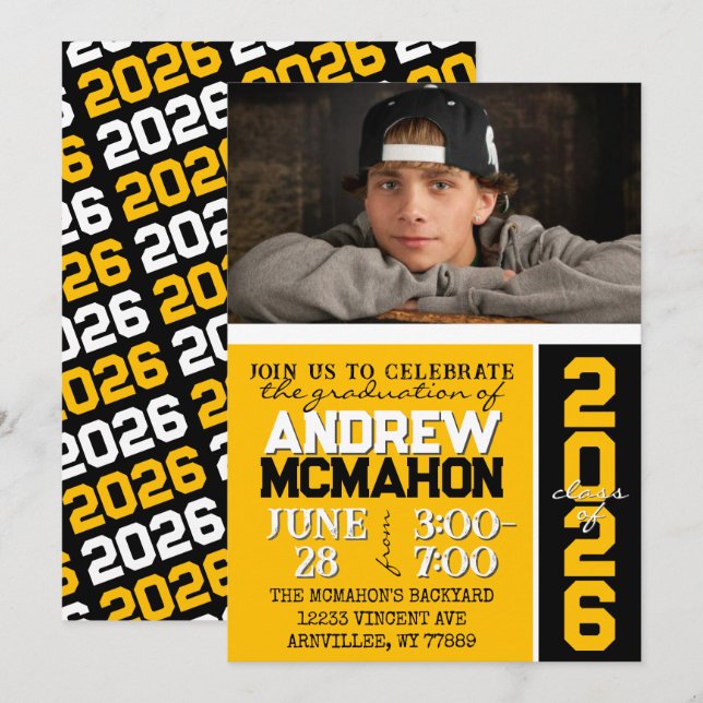 Gold & Black Modern Graduation Photo Invitation (Devant / Derrière)