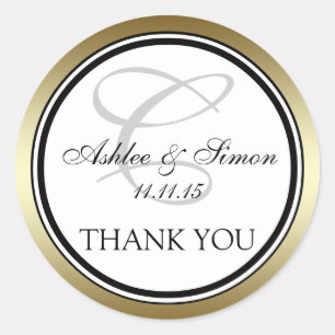 Gold Black Monogram C Wedding Vielen Dank Runder Aufkleber