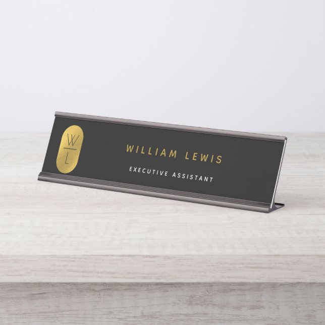 Gold & Black Monogram Modern Minimalistisch Schreibtischnamensplakette (Vorderseite )