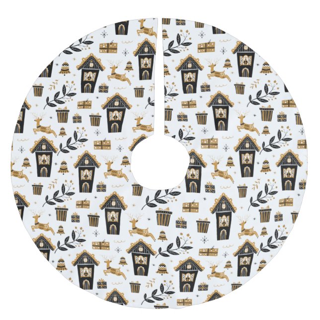 Gold Black Nordic Rentier House Weihnachten  Polyester Weihnachtsbaumdecke (Vorderseite)