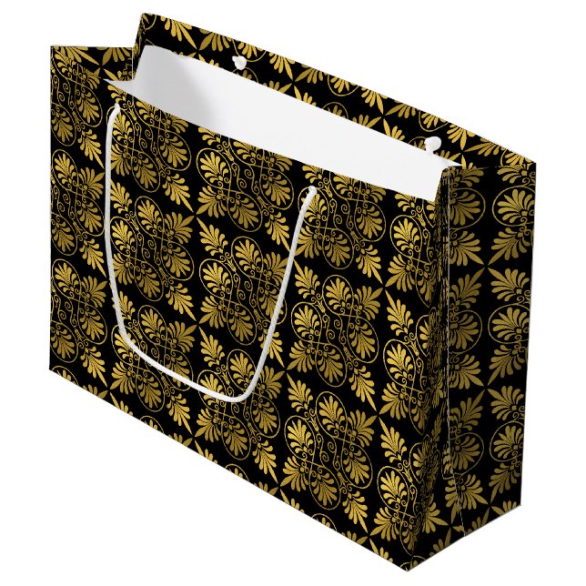 Gold Black Old Greece Meander Muster Große Geschenktüte (Vorderseite Schrägansicht)