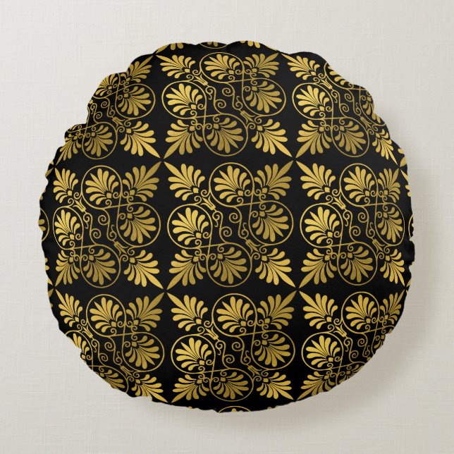 Gold Black Old Greece Meander Muster Rundes Kissen (Vorderseite)