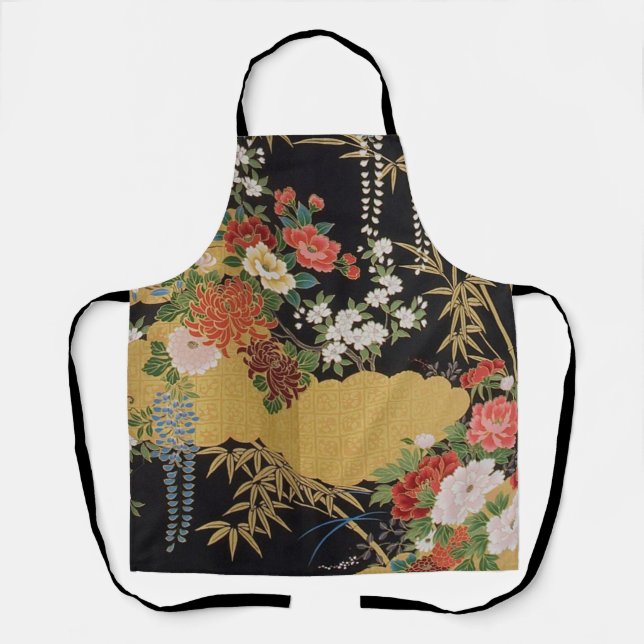 Gold Black Oriental Japanisch Kimono Floral Kitche Schürze (Vorderseite)