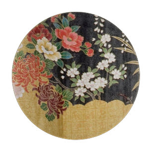 Gold Black Oriental Japanisches Kimono Blumenglas Schneidebrett
