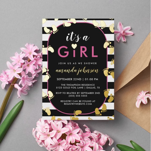Gold Black Pink Es ist ein Girl Baby Footprints Folieneinladung (Von Creator hochgeladen)
