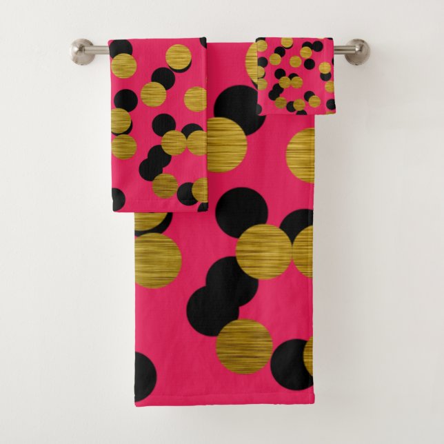 Gold & Black Polka Punkte auf Hot Pink Badhandtuch Set (Insitu)