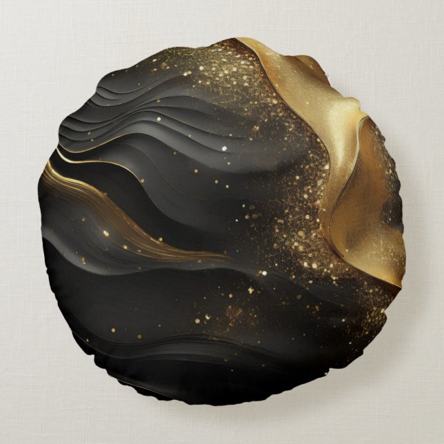 Gold Black Prinkle Rundes Kissen (Rückseite)