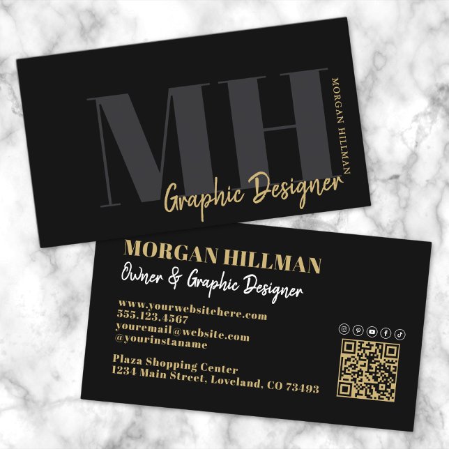 Gold Black QR Code Trendiger Monogramm Visitenkarte (Gold Black QR Code Trendy Monogram Business Card)