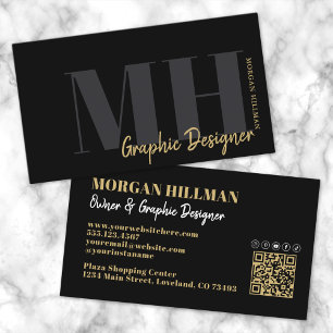 Gold Black QR Code Trendy Monogram Visitenkarte