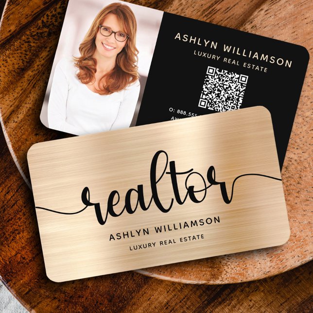 Gold Black Realtor Foto QR Code Broker Agent Bold Visitenkarte (Von Creator hochgeladen)