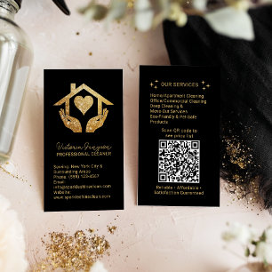 Gold Black Reinigungsdienst Dienstmädchen QR-Code- Visitenkarte