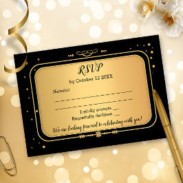Gold Black Retro Chic Confetti RSVP Karte