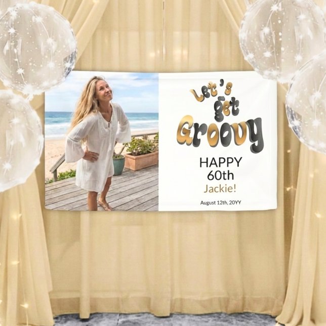 Gold Black Retro Groovy 60th Birthday Photo Banner (Von Creator hochgeladen)